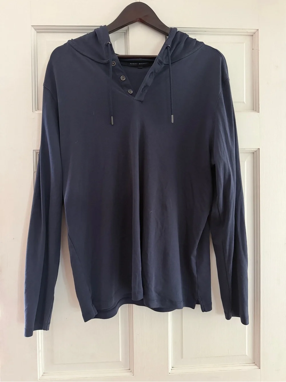 Robert Barakett Mens Large Navy Pima Cotton Henley Hoodie Excellent Condition
